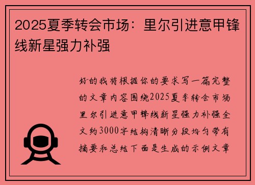 2025夏季转会市场:里尔引进意甲锋线新星强力补强 2025夏季转会市场:里尔引进意甲锋线新星强力补强