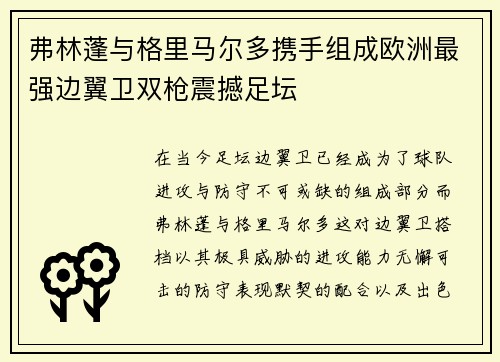 弗林蓬与格里马尔多携手组成欧洲最强边翼卫双枪震撼足坛 弗林蓬与格里马尔多携手组成欧洲最强边翼卫双枪震撼足坛